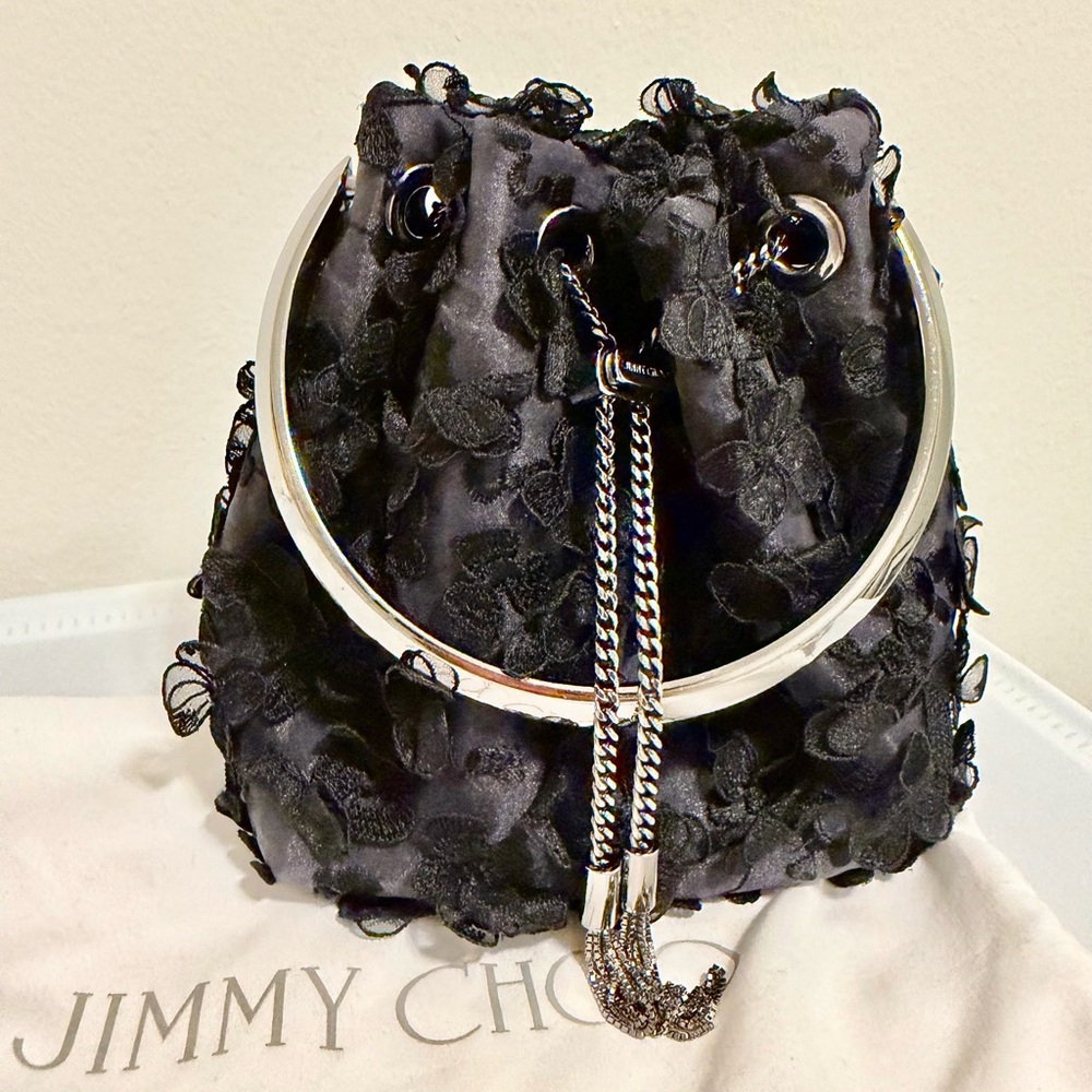 Jimmy Choo Black Textured Floral Drawstring Mini Bag with Silver Chain - Picture 4 of 5
